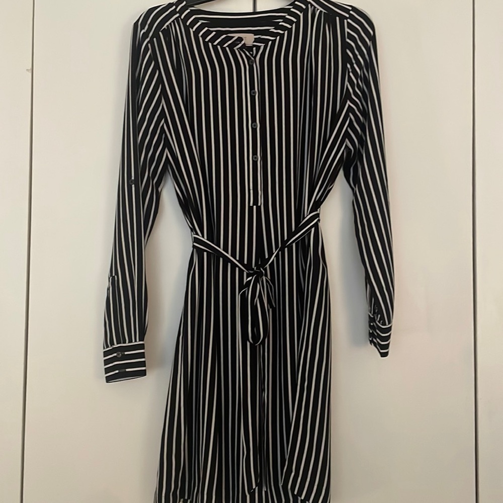 Loft Outlet black and white stripe tie waist dress